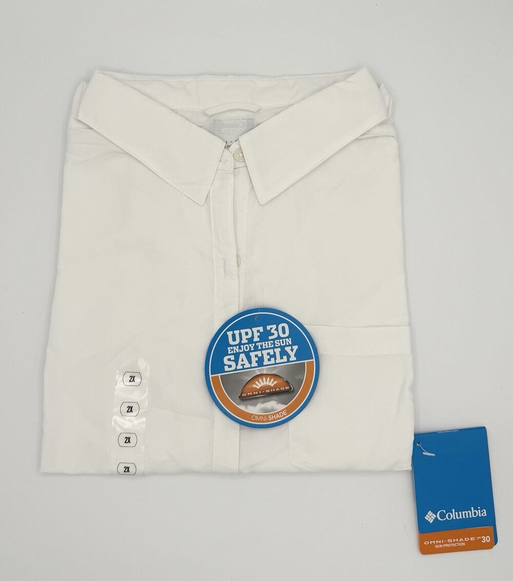 NWT Columbia PFG Bahama Short Sleeve Fishing Shirt 2X White UPF 50 Sealed Nylon